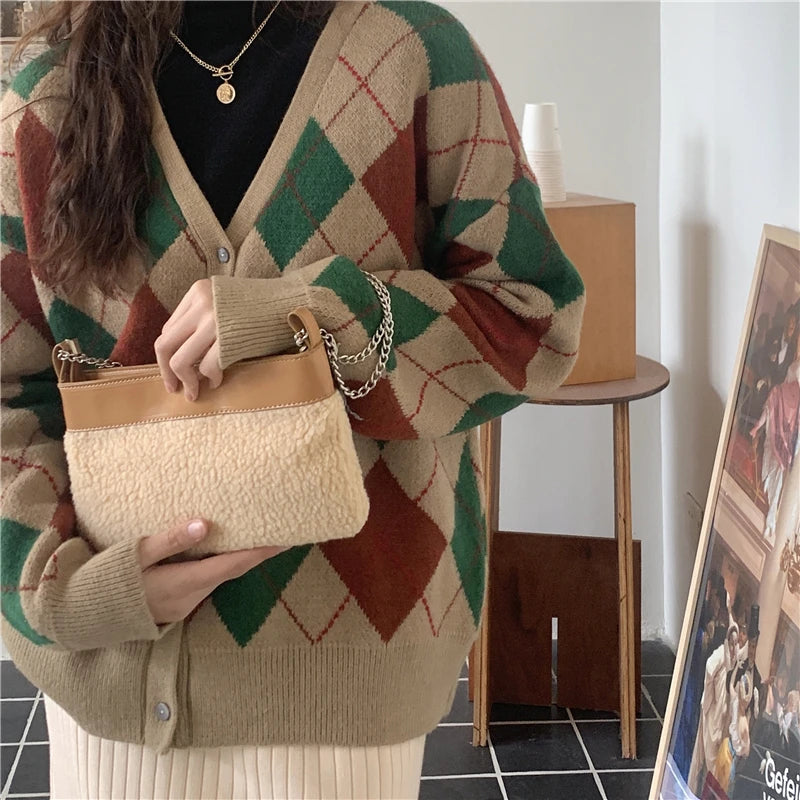 Retro Lamb Wool Women Shoulder Bags Plush Ladies Chain Underarm Bag