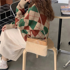 Retro Lamb Wool Women Shoulder Bags Plush Ladies Chain Underarm Bag