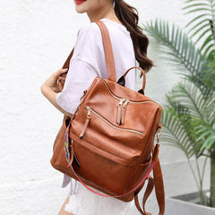 Retro Large Capacity Backpack PU Leather Rucksack Women Knapsack Travel