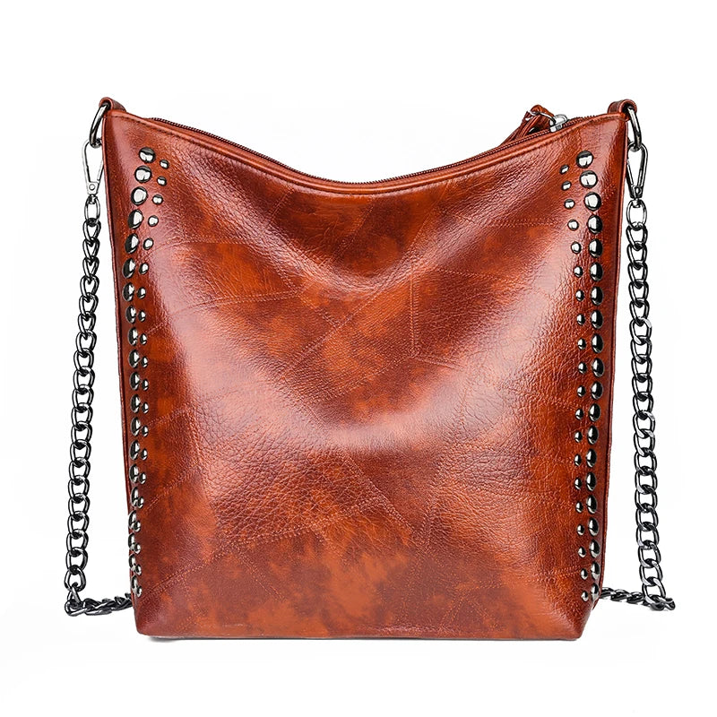 Retro Women Tote Bag Chain Rivet Bead Shoulder Bags Lady Commutin