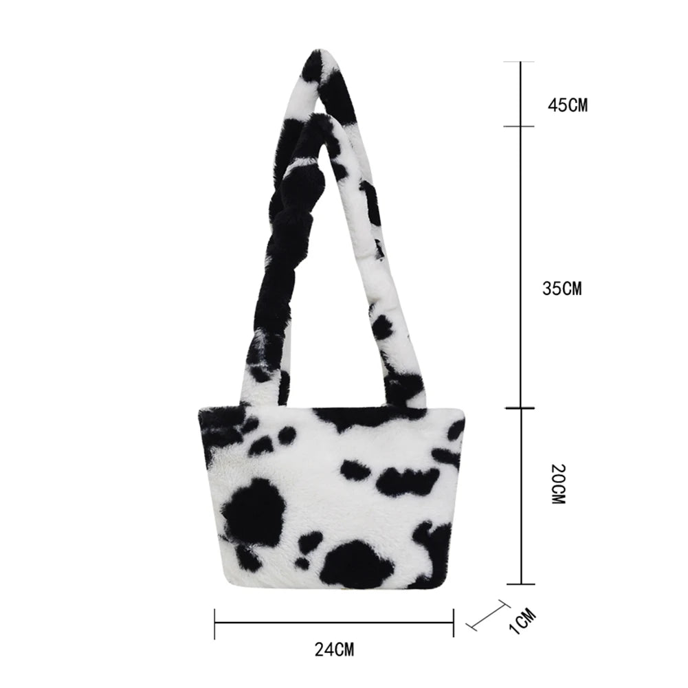 Leopard Pattern Crossbody Bag Soft Plush Shoulder Bag Cow Milk Print Handbag