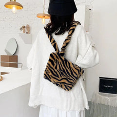 Leopard Pattern Crossbody Bag Soft Plush Shoulder Bag Cow Milk Print Handbag