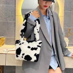 Leopard Pattern Crossbody Bag Soft Plush Shoulder Bag Cow Milk Print Handbag