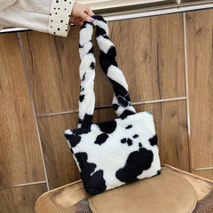 Leopard Pattern Crossbody Bag Soft Plush Shoulder Bag Cow Milk Print Handbag