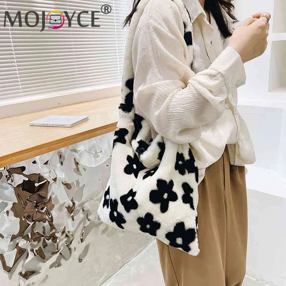 Leopard Print Plush Shoulder Bag Large Capacity Tote