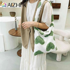 Leopard Print Plush Shoulder Bag Large Capacity Winter Tote