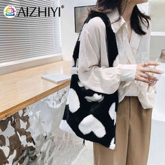 Leopard Print Plush Shoulder Bag Large Capacity Winter Tote