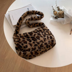 Leopard Print Shoulder Bag Soft Plush Large Capacity Winter Tote