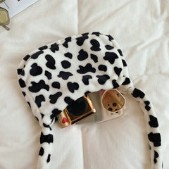 Leopard Print Plush Shoulder Bag for Women Winter Warm Tote
