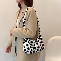 Leopard Print Plush Shoulder Bag for Women Winter Warm Tote