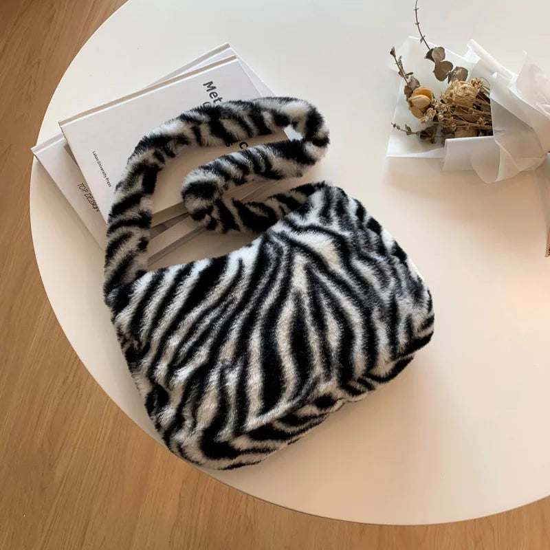 Leopard Print Shoulder Bag Soft Plush Large Capacity Winter Tote