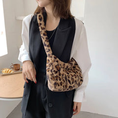 Leopard Print Shoulder Bag Soft Plush Large Capacity Winter Tote