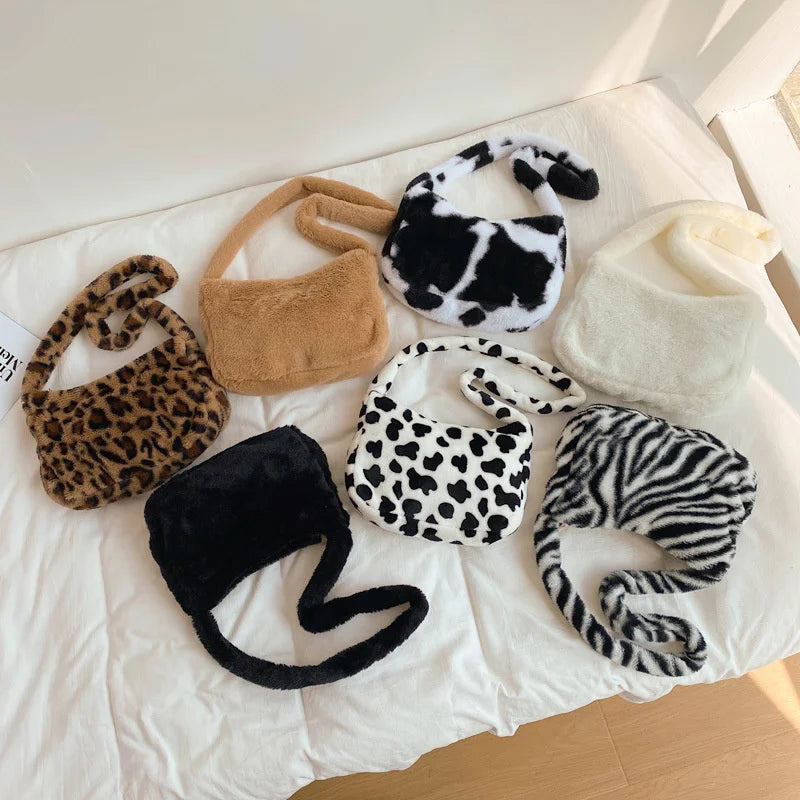 Leopard Print Shoulder Bag Soft Plush Large Capacity Winter Tote