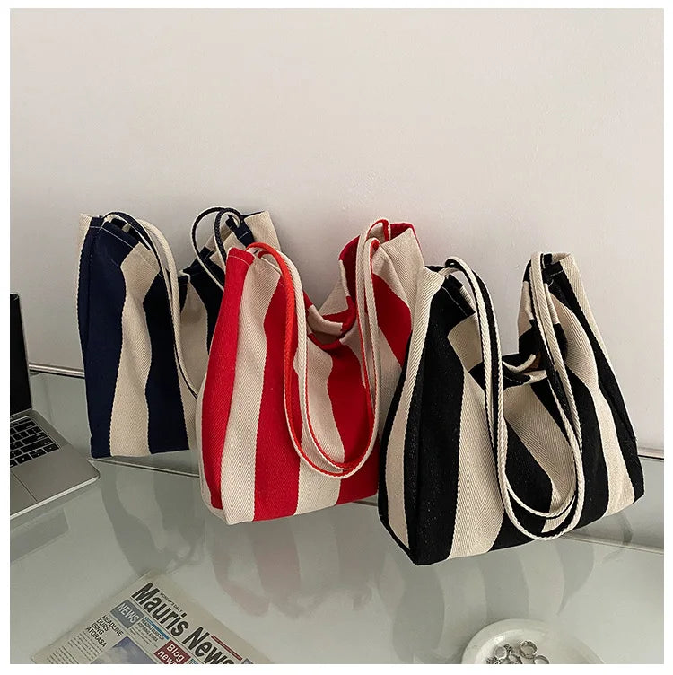 Striped Canvas Shoulder Bag Vintage Style Large Capacity Retro Handbag