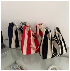 Striped Canvas Shoulder Bag Vintage Style Large Capacity Retro Handbag