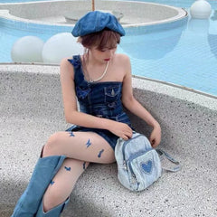 Retro Love Rhinestone Women's Small Backpack Girls Canvas Denim Schoolbags