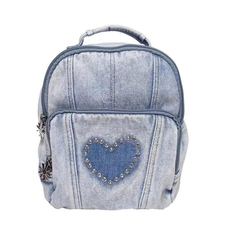 Retro Love Rhinestone Women's Small Backpack Girls Canvas Denim Schoolbags