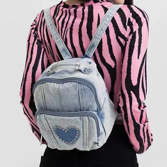 Retro Love Rhinestone Women's Small Backpack Girls Canvas Denim Schoolbags