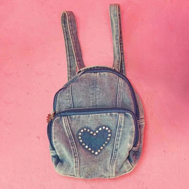 Retro Love Rhinestone Women's Small Backpack Girls Canvas Denim Schoolbags
