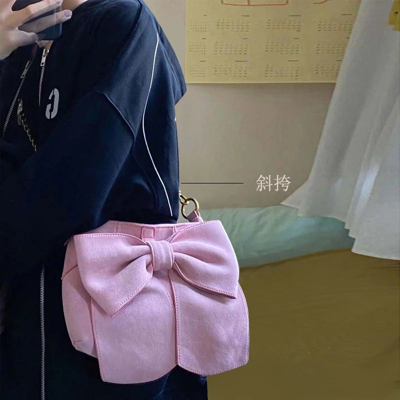 Matte Leather Underarm Bag Pink Bowknot Shoulder Bag