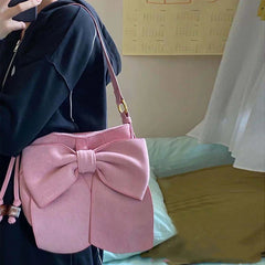 Matte Leather Underarm Bag Pink Bowknot Shoulder Bag