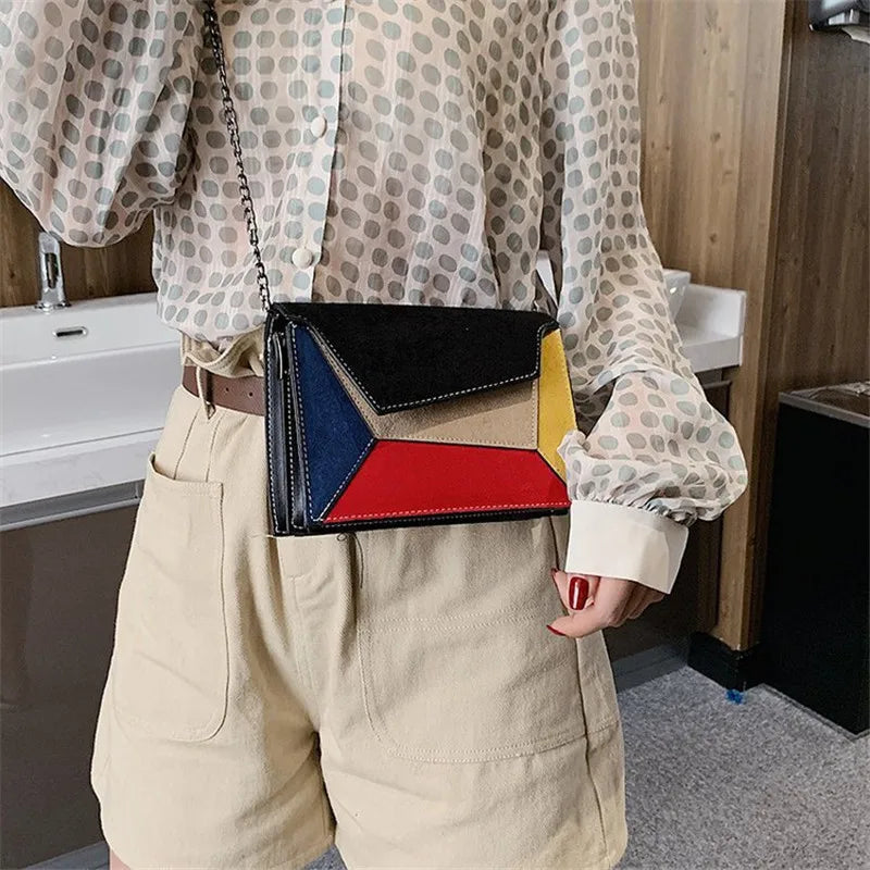 Retro Matte Patchwork Crossbody Bag for Women Small Chains Strap Shoulder Bag