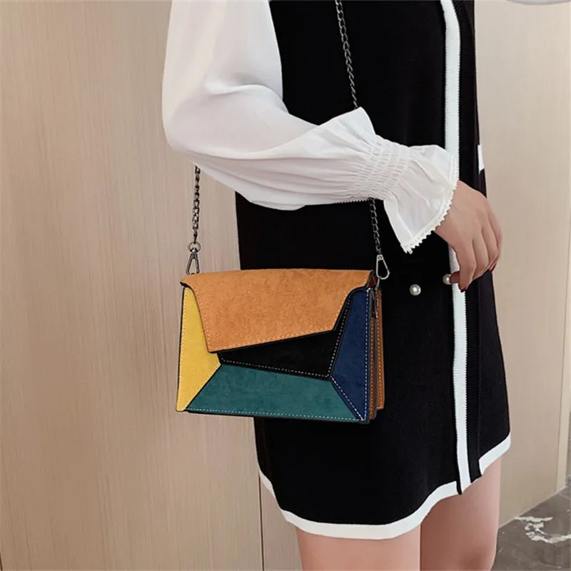 Retro Matte Patchwork Crossbody Bag for Women Small Chains Strap Shoulder Bag