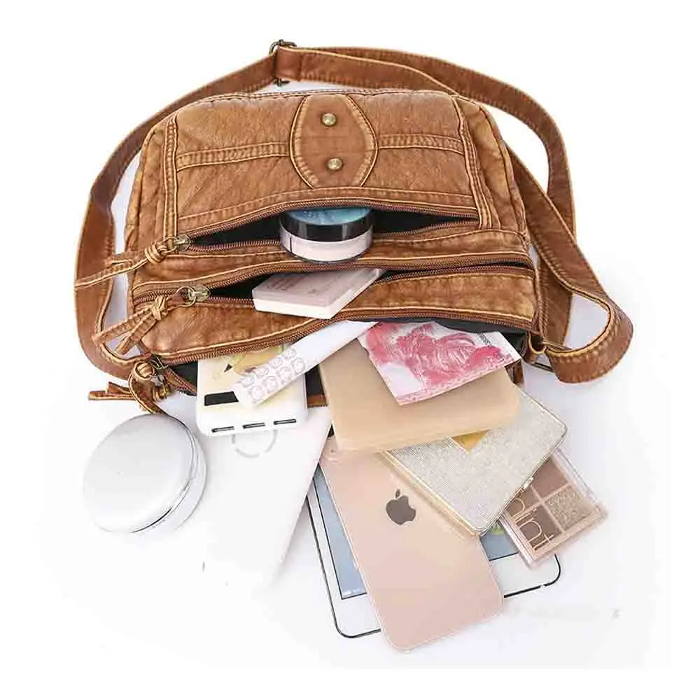 Retro Messenger Bag Women Soft PU Leather Shoulder Purse Zip Pocket Coin Handbag