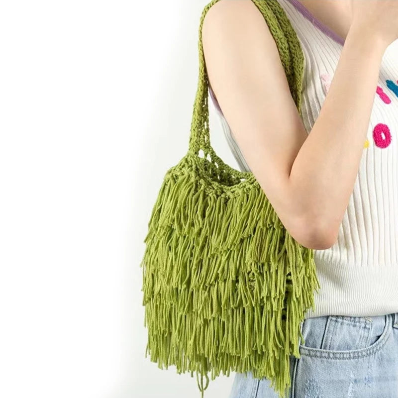 Retro NATIONAL Style Tassel Bag Large Capacity Shoulder Woven Bag