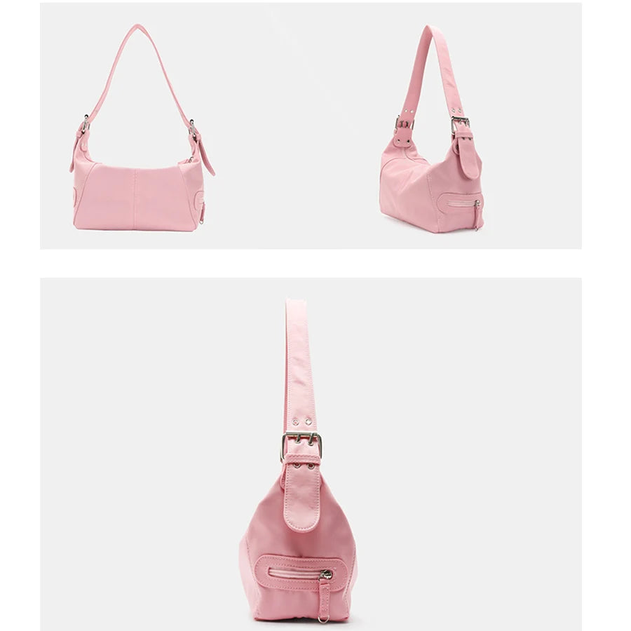 Retro Nylon Women Bags Pink Handbags Summer Solid Ladies Underarm Bag