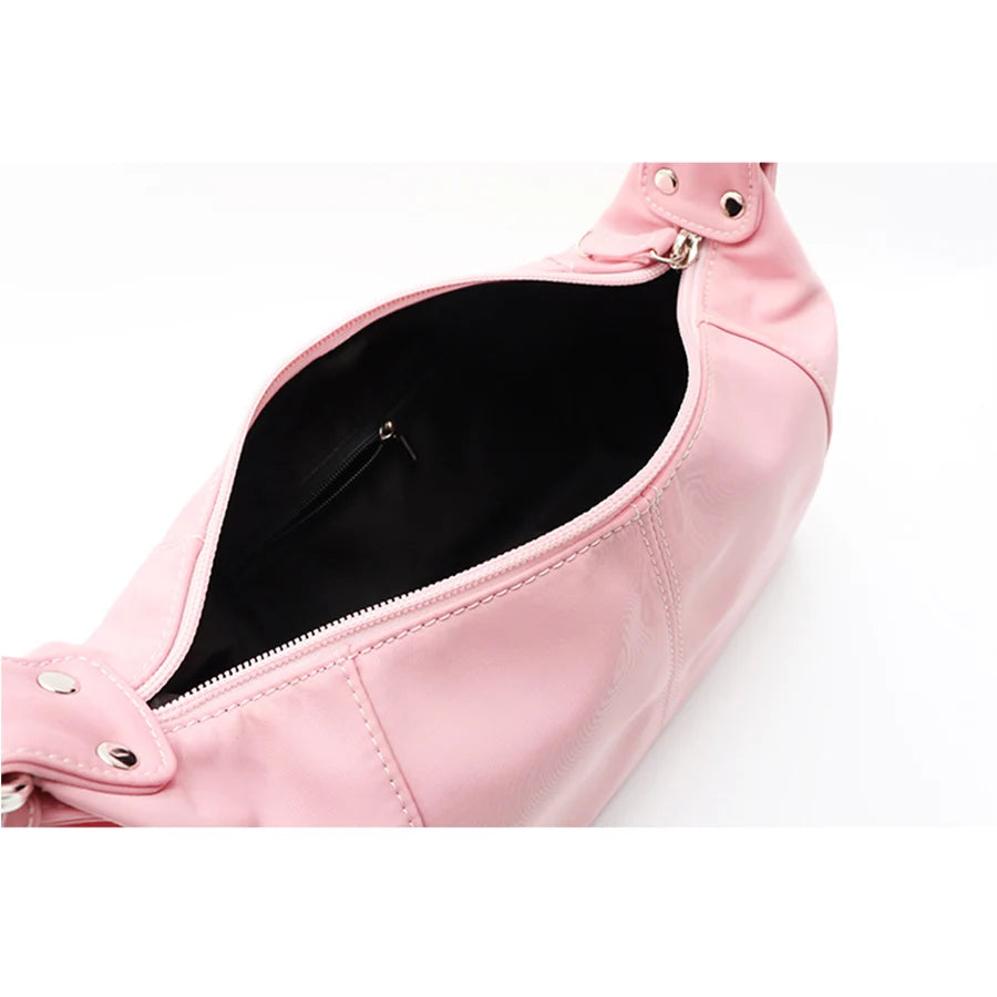 Retro Nylon Women Bags Pink Handbags Summer Solid Ladies Underarm Bag