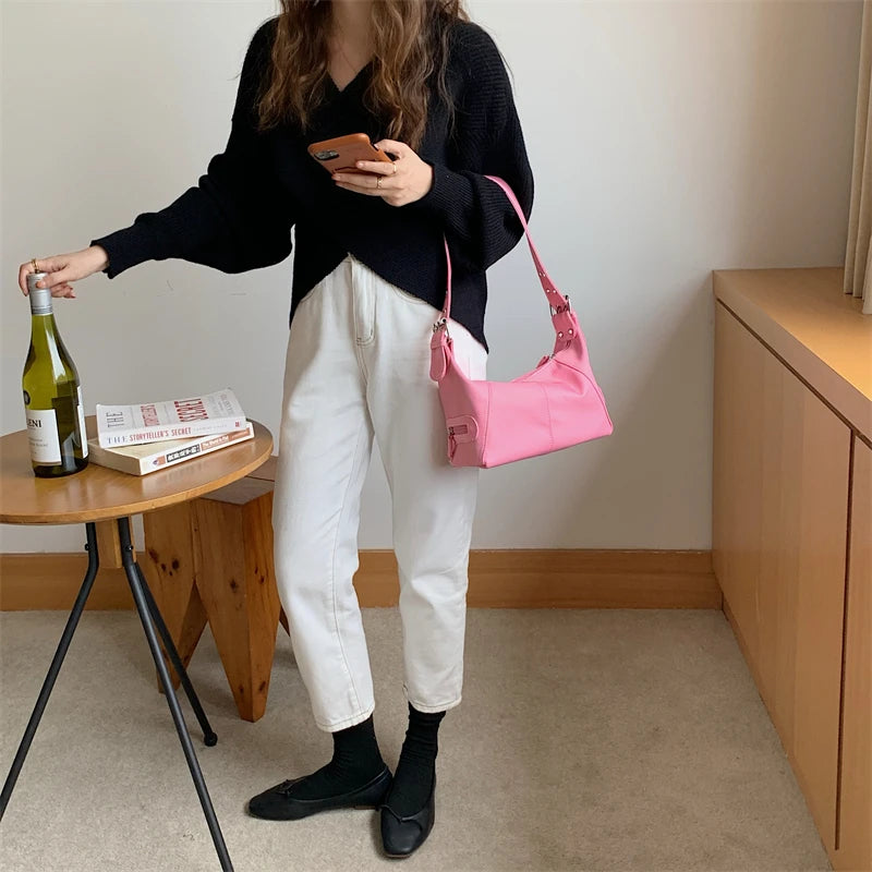 Retro Nylon Women's Hobos Small Shoulder Bag Girls Pink Purse Tote Handbags