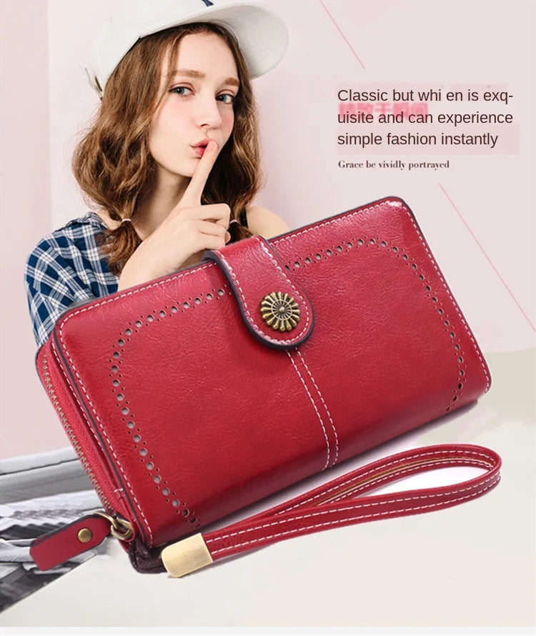 Retro Oil Wax Leather Women's Long Wallet Credit Card Clutch Purse