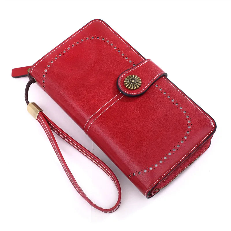 Retro Oil Wax Leather Women's Long Wallet Credit Card Clutch Purse