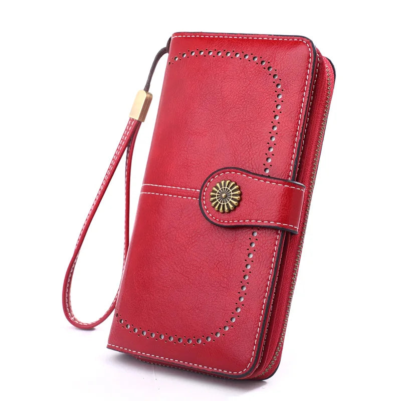 Retro Oil Wax Leather Women's Long Wallet Credit Card Clutch Purse