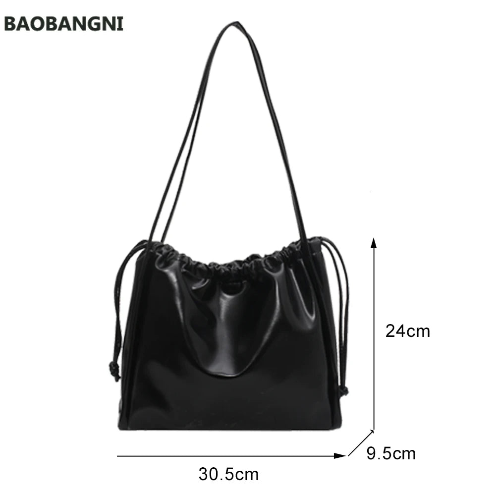 Retro PU Leather Women Underarm Bags Drawstring Solid Shoulder Bag
