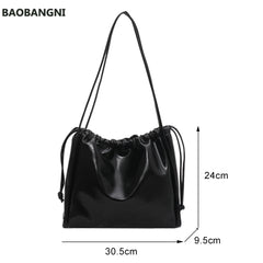 Retro PU Leather Women Underarm Bags Drawstring Solid Shoulder Bag