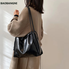 Retro PU Leather Women Underarm Bags Drawstring Solid Shoulder Bag