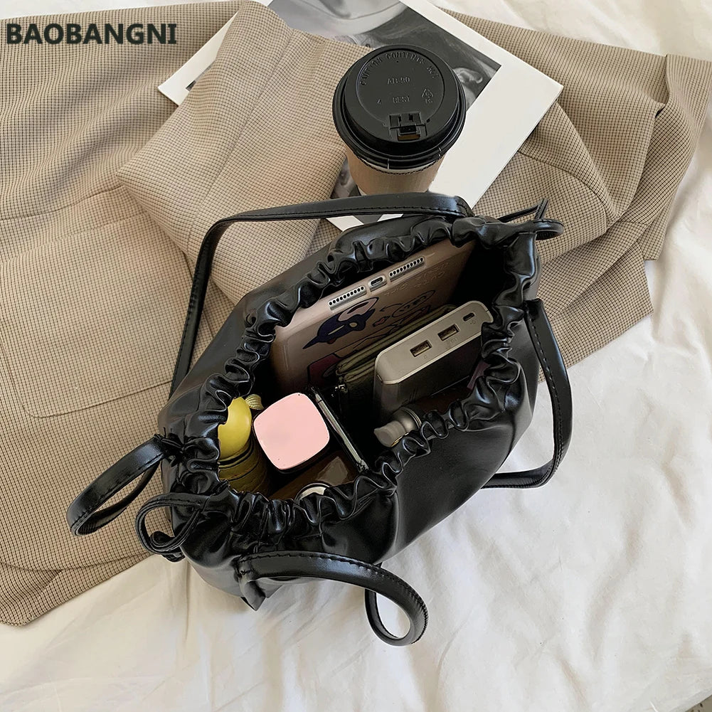 Retro PU Leather Women Underarm Bags Drawstring Solid Shoulder Bag