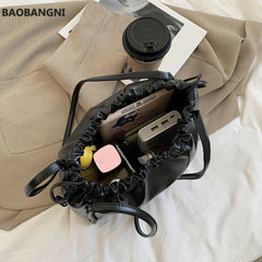 Retro PU Leather Women Underarm Bags Drawstring Solid Shoulder Bag