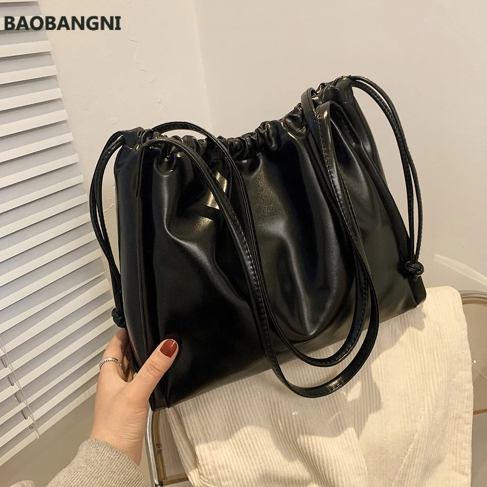 Retro PU Leather Women Underarm Bags Drawstring Solid Shoulder Bag