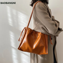 Retro PU Leather Women Underarm Bags Drawstring Solid Shoulder Bag