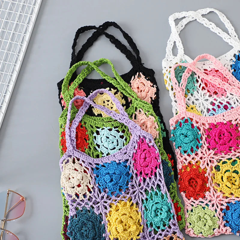 Retro Pastoral Style Crochet Hand Knit Bag Large Capacity Shoulder Woven Bag Tot