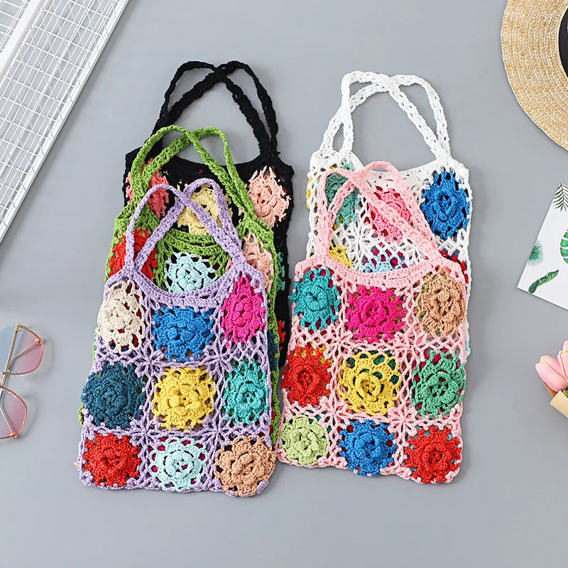 Retro Pastoral Style Crochet Hand Knit Bag Large Capacity Shoulder Woven Bag Tot