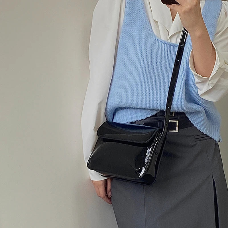 Retro Patent Leather Shoulder Bag For Women Flap Crossbody Bag