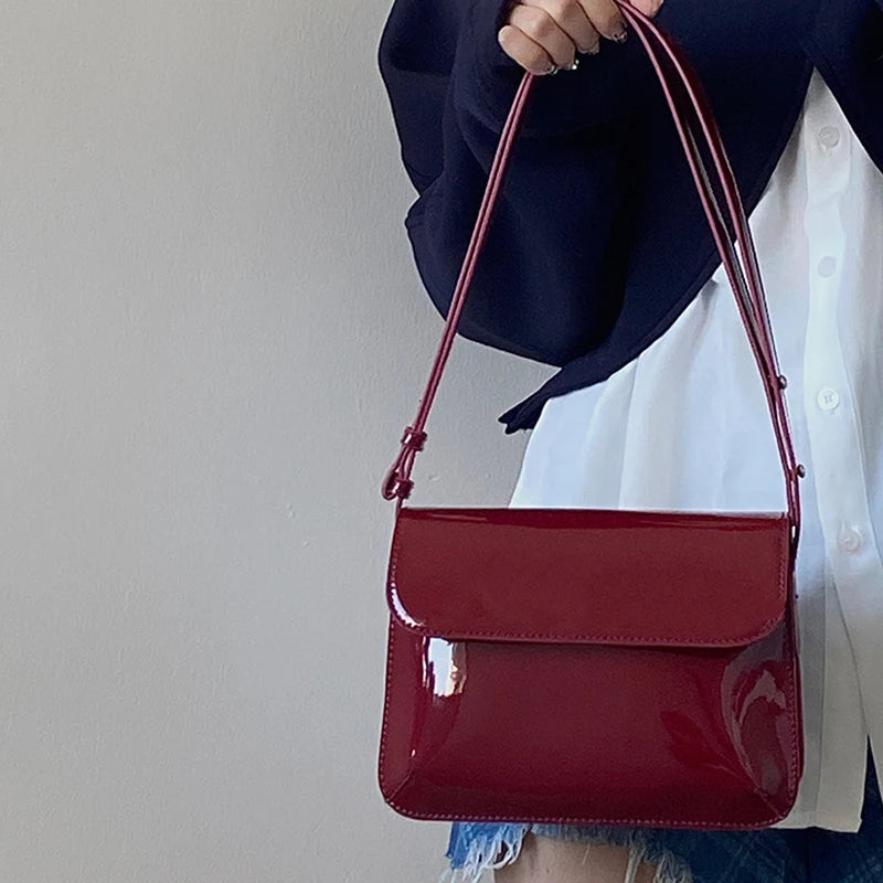 Retro Patent Leather Shoulder Bag Flap Small Square Bag Underarm Crossbody Bag