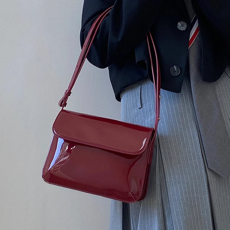 Retro Patent Leather Shoulder Bag Flap Small Square Bag Underarm Crossbody Bag