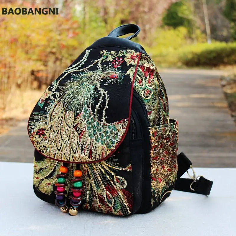 Retro Phoenix Embroidered Backpack Sequins Canvas Tribal Ethnic Floral Women Bag