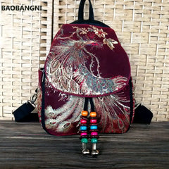 Retro Phoenix Embroidered Backpack Sequins Canvas Tribal Ethnic Floral Women Bag