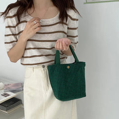 Plaid Woolen Shoulder Bag Houndstooth Handbags Girls Student Lunch Bento Bags